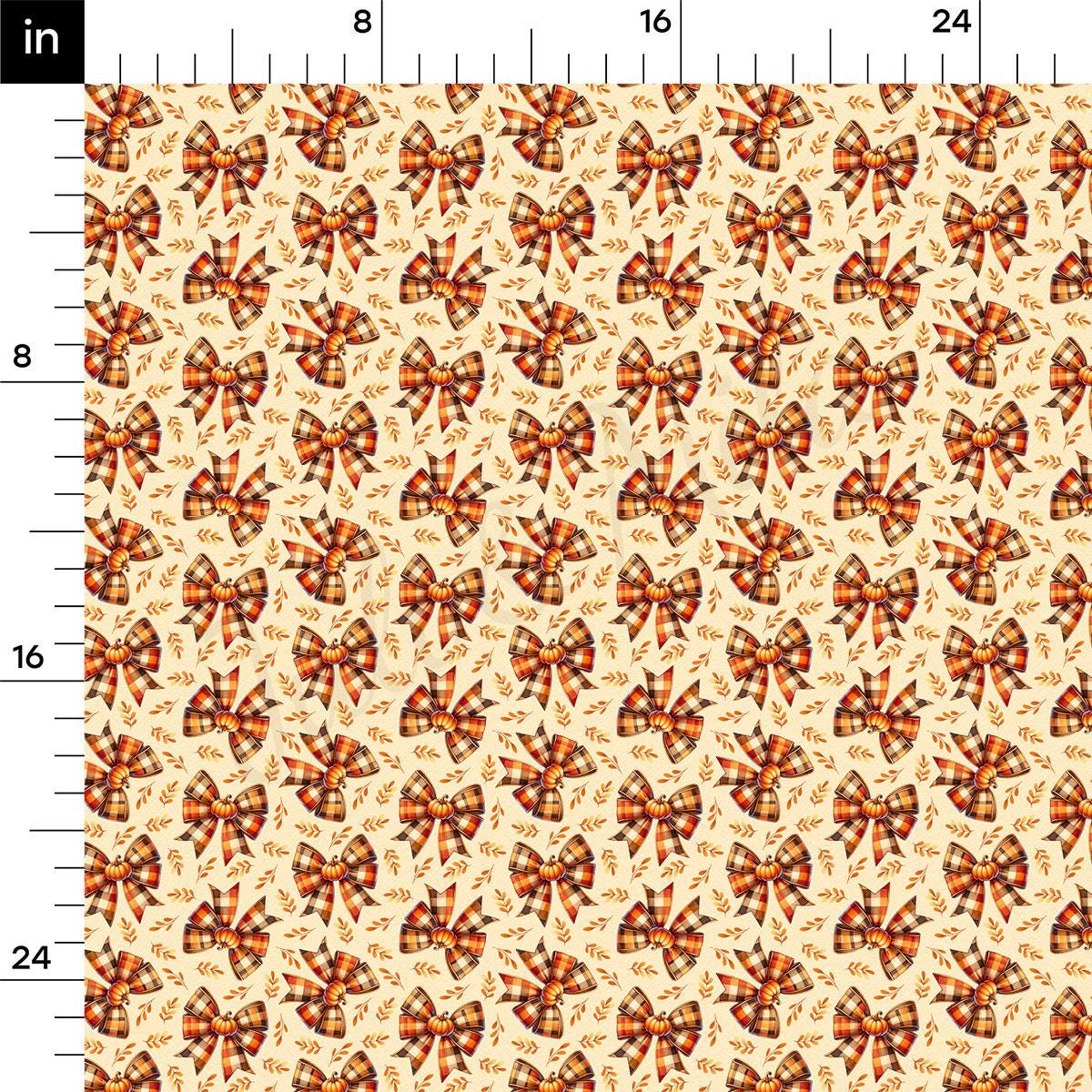 a repeating pattern of orange and brown plaid bows on a light beige background.
