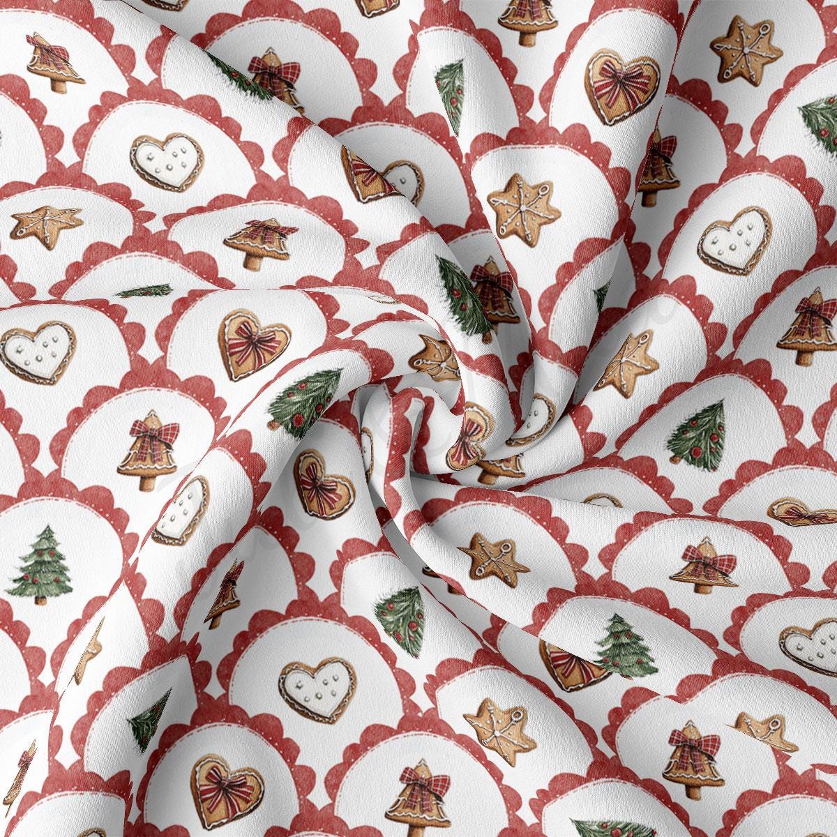 a close-up view of a fabric with a repeating pattern of Christmas-themed cookies and trees. The pattern consists of various types of cookies, such as gingerbread, chocolate chip, and peanut butter, along with different types of Christmas trees, including evergreen, pine, and fir trees. The cookies and trees are arranged in a circular pattern, creating a festive and holiday-inspired design.