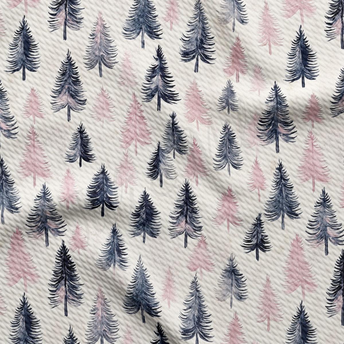 a repeating pattern of stylized pine trees in shades of pink and blue against a light-colored background.