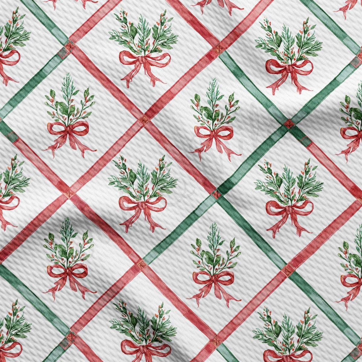a repeating pattern of red and green ribbons with green leaves and red bows, creating a festive and decorative design.