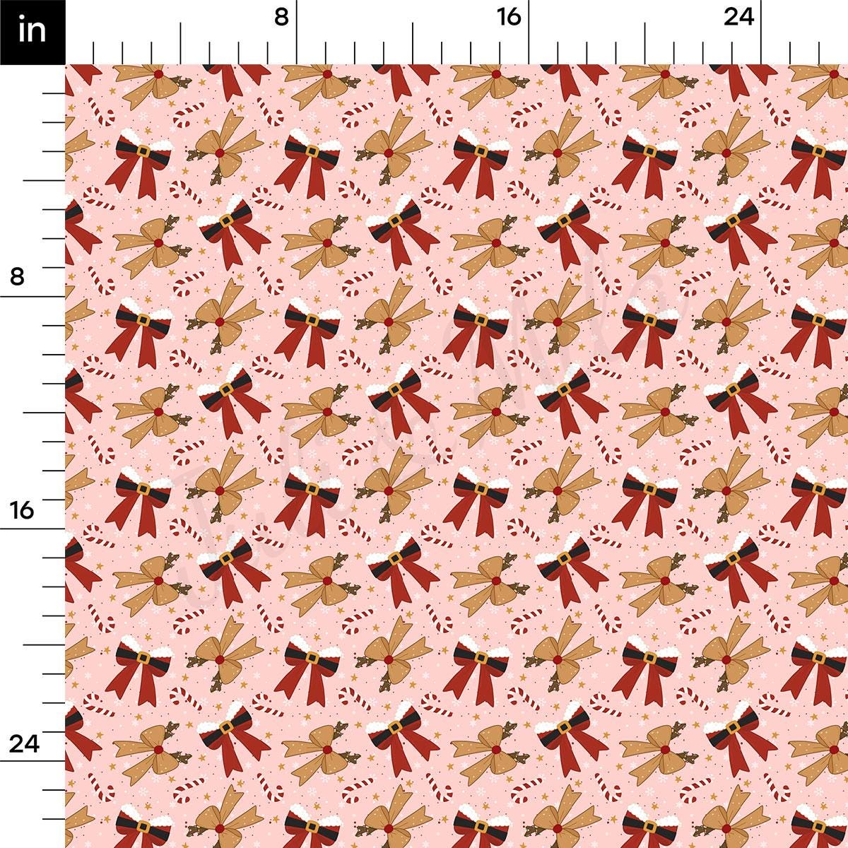 a repeating pattern of red bows and candy canes on a pink background.