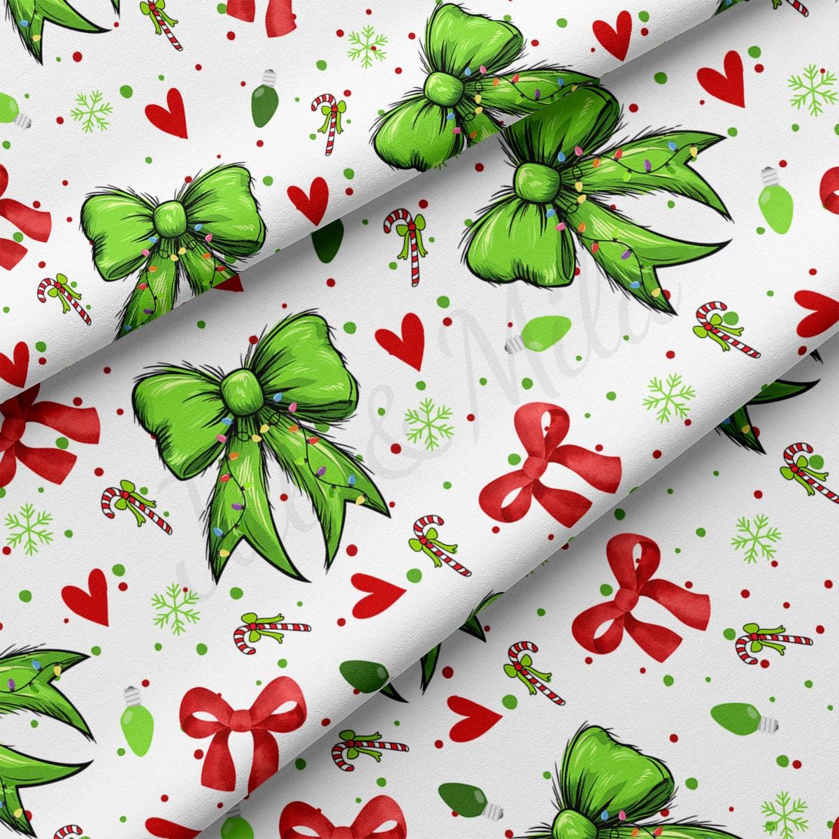 a festive pattern with green bows, red bows, snowflakes, and candy canes. The pattern is a repeating design with various elements, including green bows, red bows, snowflakes, and candy canes. The overall design is colorful and cheerful, with a mix of Christmas-themed and holiday-inspired elements.