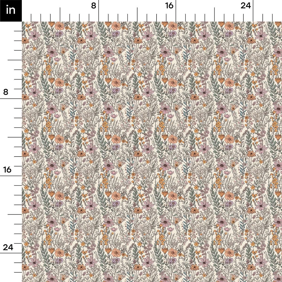 The image is a repeating pattern of various flowers and leaves in shades of orange, pink, and green. The pattern is composed of small, closely spaced flowers and leaves, creating a visually appealing and intricate design.