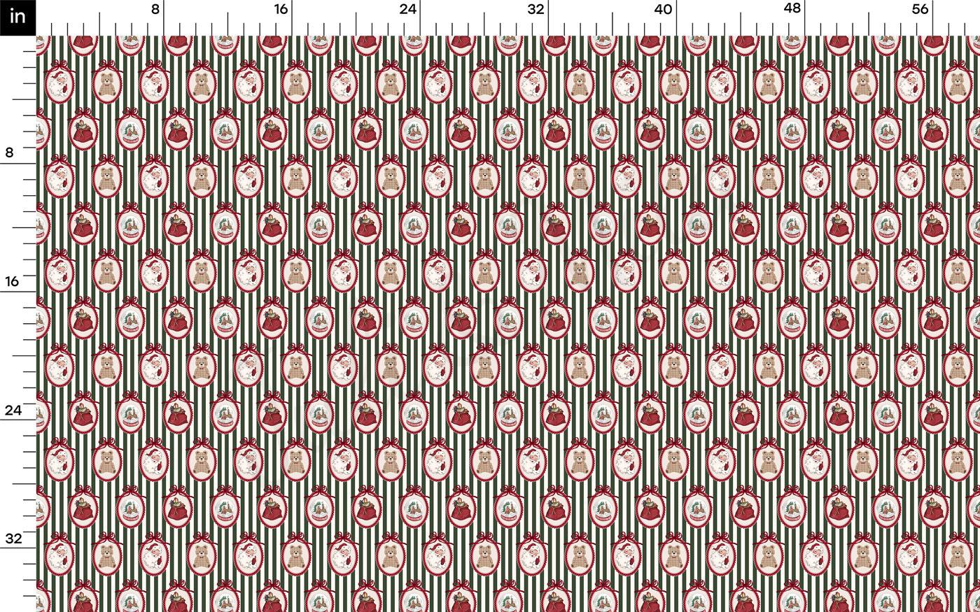 The image is a repeating pattern of various shapes and objects, including circles, rectangles, and other geometric forms, arranged in a grid-like fashion. The pattern is predominantly green and red, with some white and brown accents. The image does not contain any text or specific actions, and it does not depict a scene or a person. The image is a simple, abstract representation of a pattern or design.