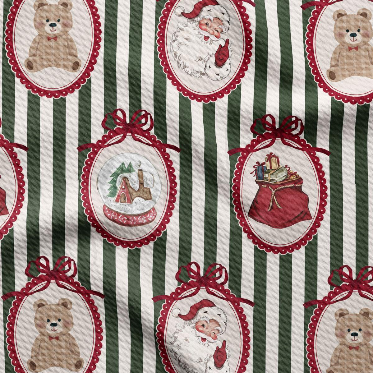 The image is a collage of Christmas-themed pictures featuring Santa Claus, teddy bears, and snowglobes, all framed in red and green.