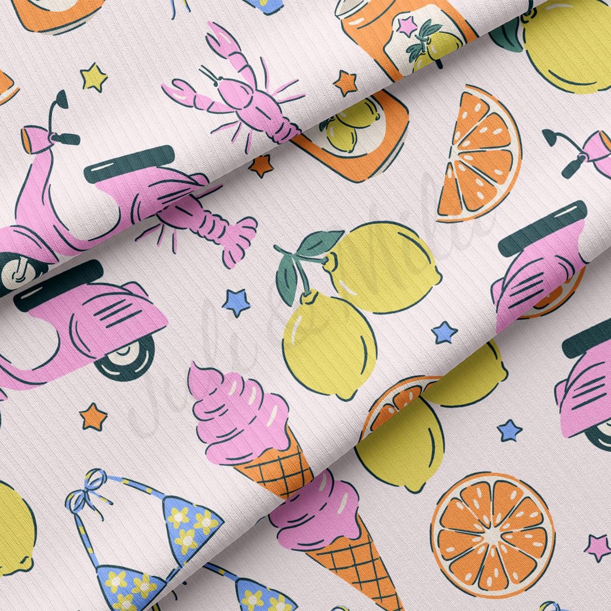 a pattern of ice cream, oranges, and lemons on a white background