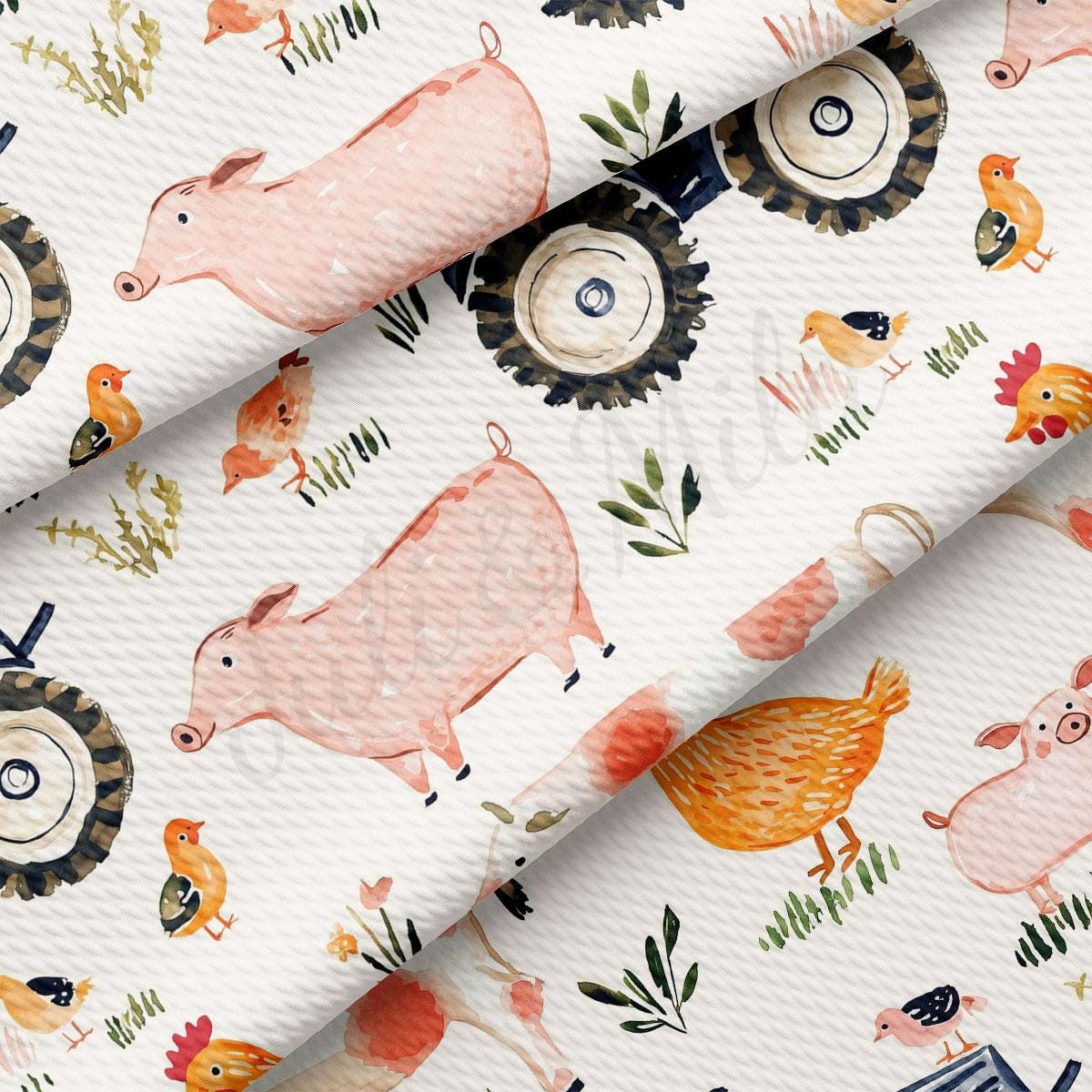 a repeating pattern of various farm animals, including pigs, chickens, and ducks, along with farm equipment such as tractors and plows. The animals are depicted in a variety of colors, and the overall design has a playful and whimsical feel.