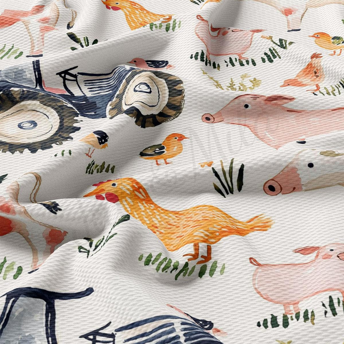 The image is a close-up of a fabric with a repeating pattern of various farm animals, including ducks, chickens, and pigs, along with farm equipment such as tractors and plows.