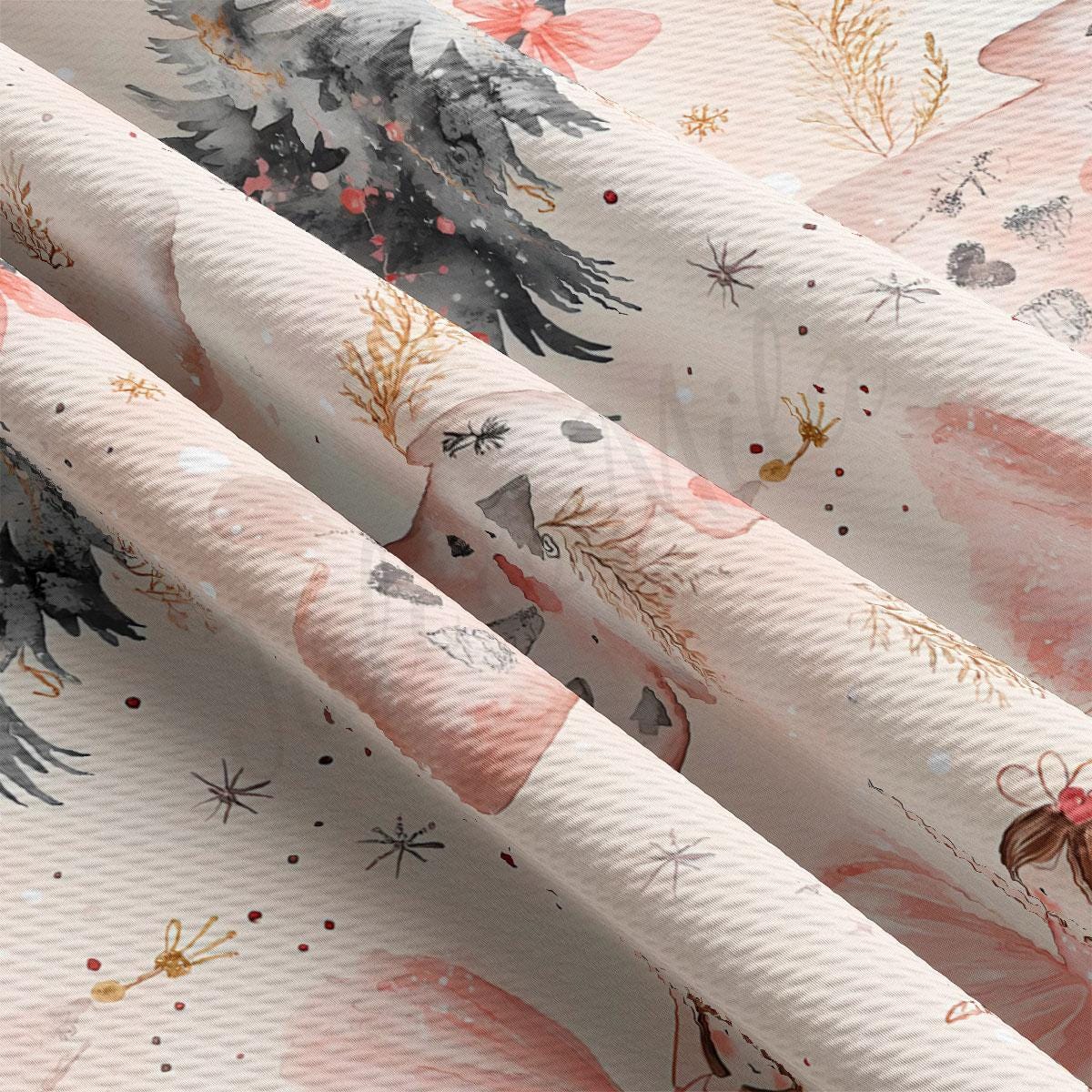 The image is a close-up of a fabric with a floral pattern, featuring a mix of pink, black, and gold colors. The fabric appears to be made of a soft, textured material, possibly cotton or a similar type of material.