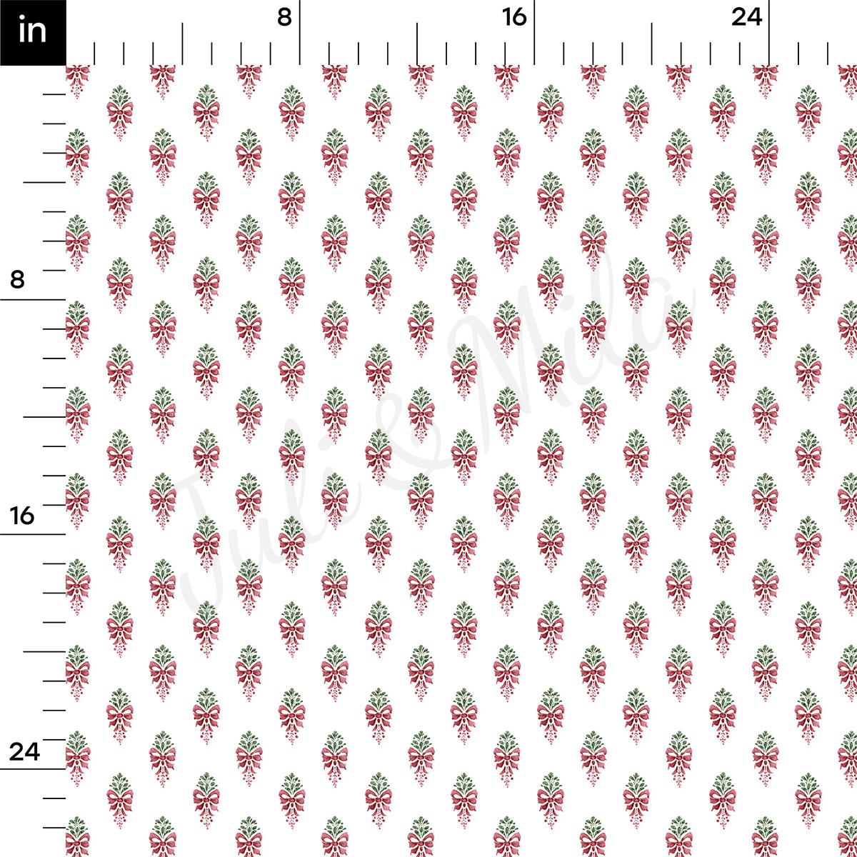 a repeating pattern of red and green bows on a white background.