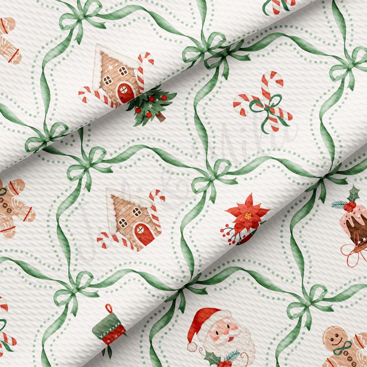 a festive Christmas-themed fabric with various holiday-themed illustrations, including a gingerbread house, candy canes, poinsettias, Santa Claus, and gingerbread men. The fabric has a repeating pattern of green bows and ribbons, creating a visually appealing and holiday-inspired design.