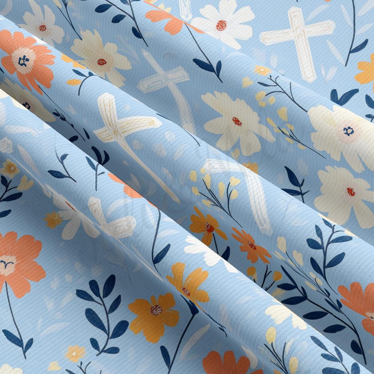 a blue background with flowers and a cross