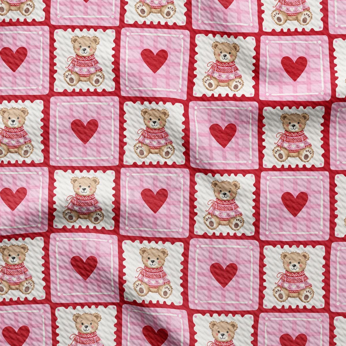 a repeating pattern of pink and white squares, each containing a teddy bear wearing a red sweater and a heart.