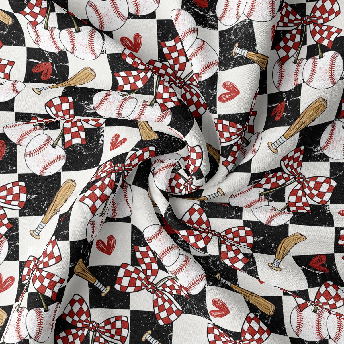 The image is a close-up of a fabric with a repeating pattern of baseballs, bats, and hearts on a black and white checkered background.