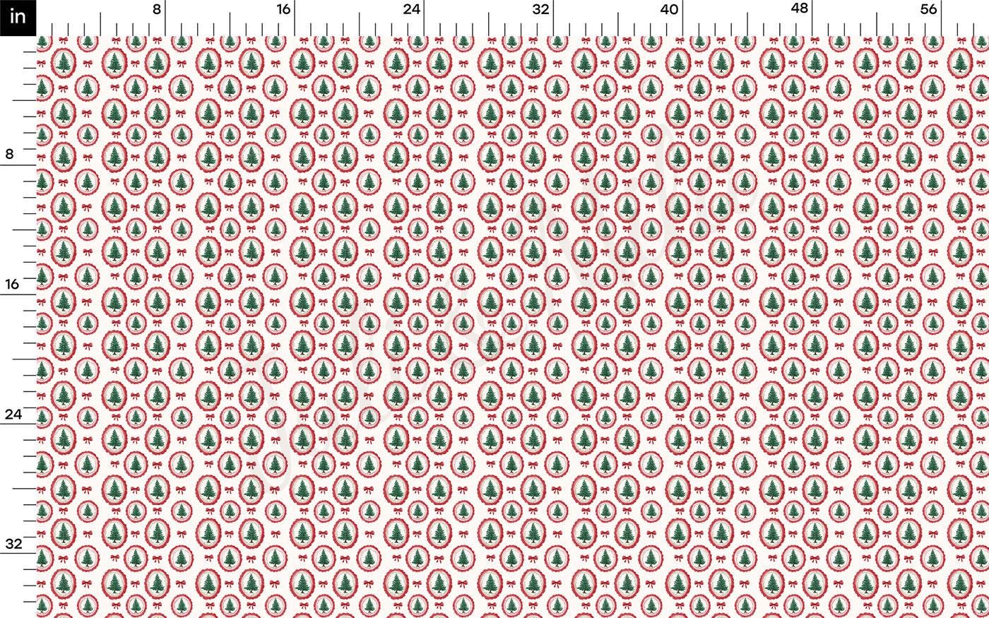 The image is a repeating pattern of red and green circles with white Christmas trees, creating a festive and holiday-themed design.