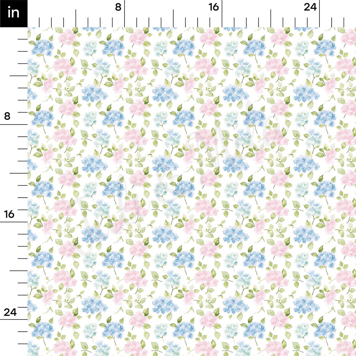The image is a repeating pattern of blue and pink flowers with green leaves, creating a visually appealing and harmonious design.