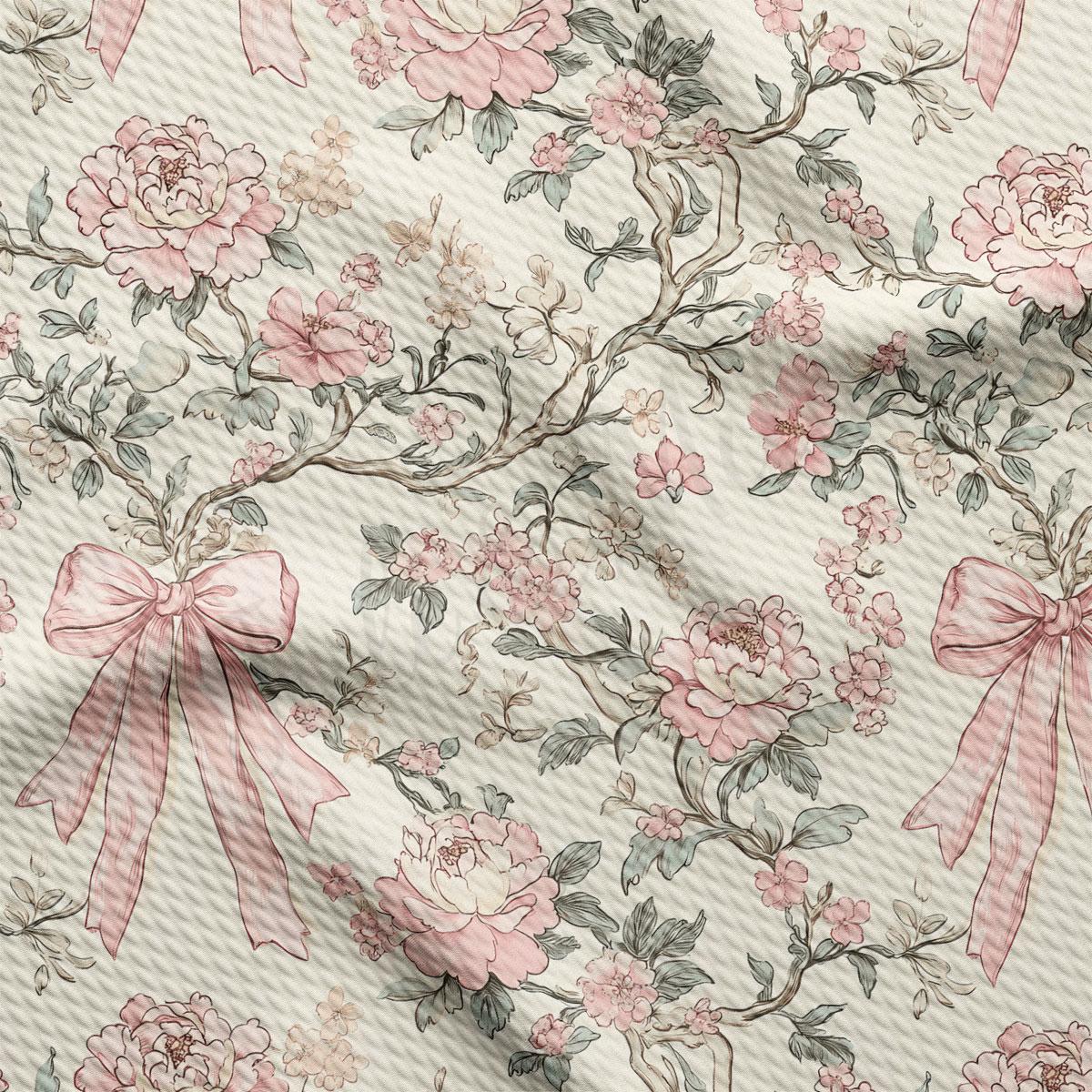 a close-up view of a fabric with a floral pattern. The pattern consists of pink flowers, green leaves, and pink bows, creating a visually appealing and intricate design.