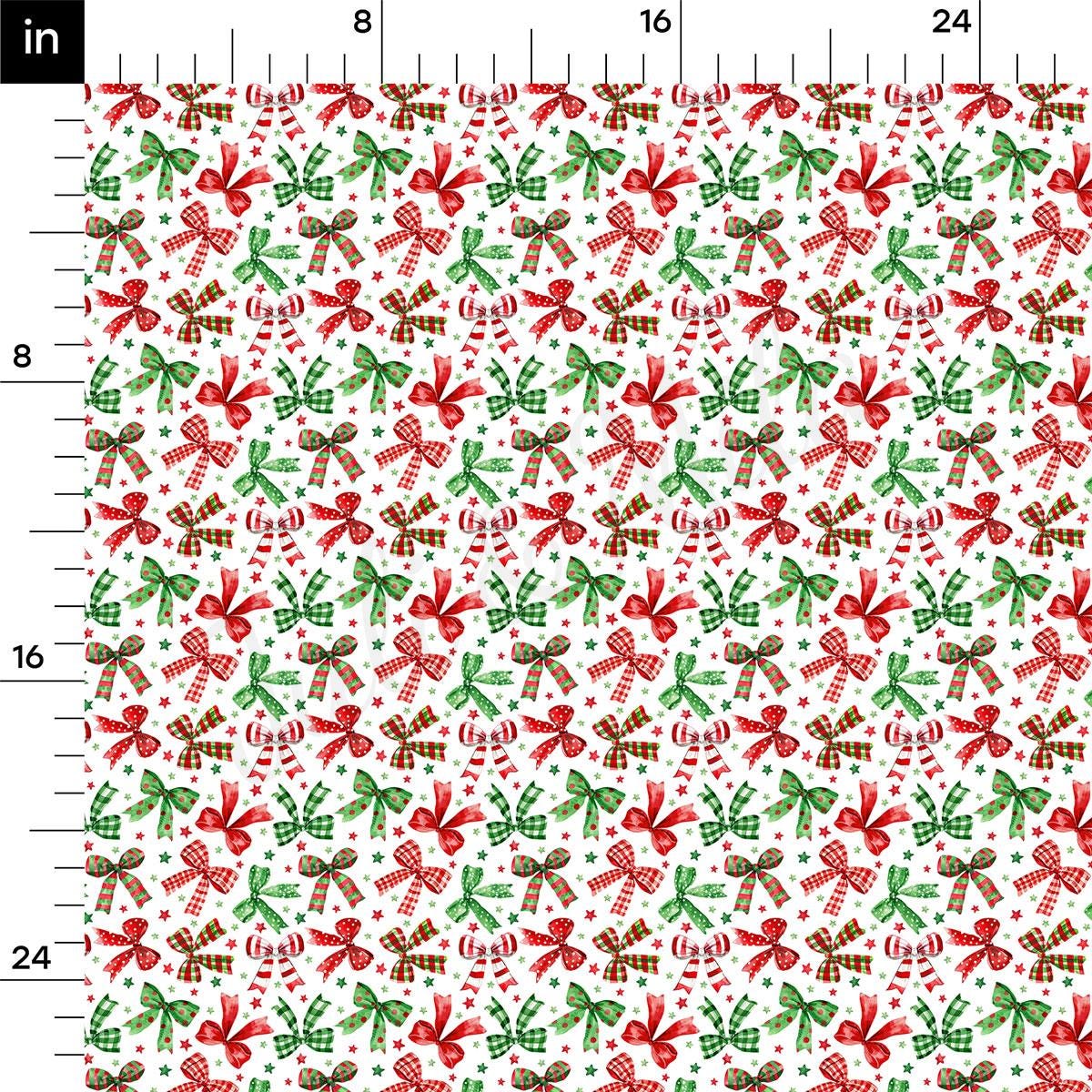 a repeating pattern of red and green bows on a white background, with some green and red bows interspersed throughout the pattern.