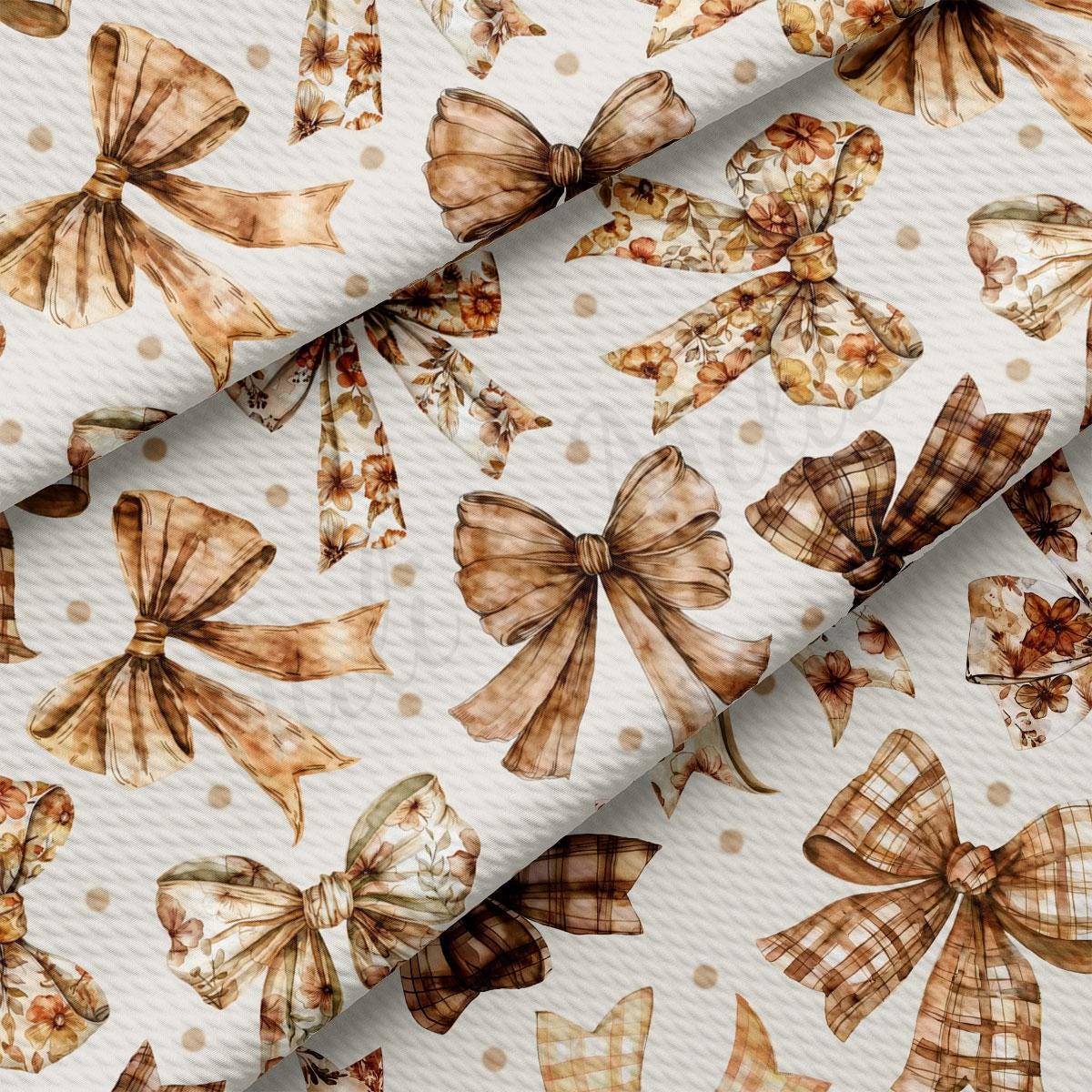 a variety of brown bows with floral patterns, arranged in a repeating pattern on a white background.