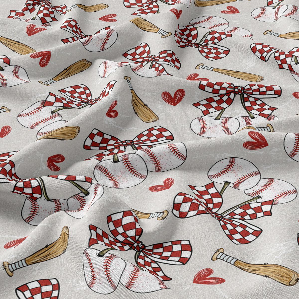 a repeating pattern of baseball-related objects, including baseballs, bats, and ribbons, all rendered in a checkered and red and white color scheme.