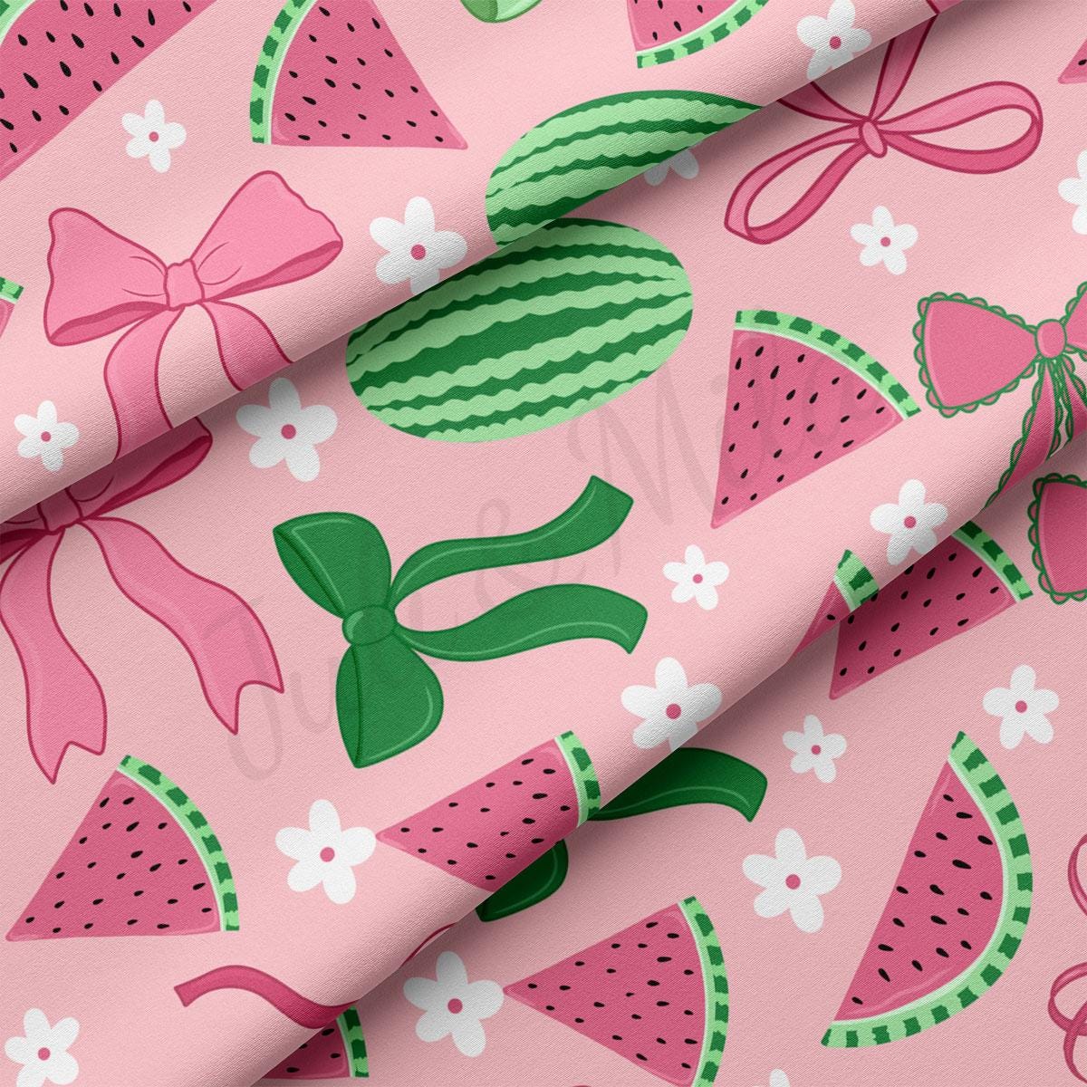 a pink background with watermelon slices and bows