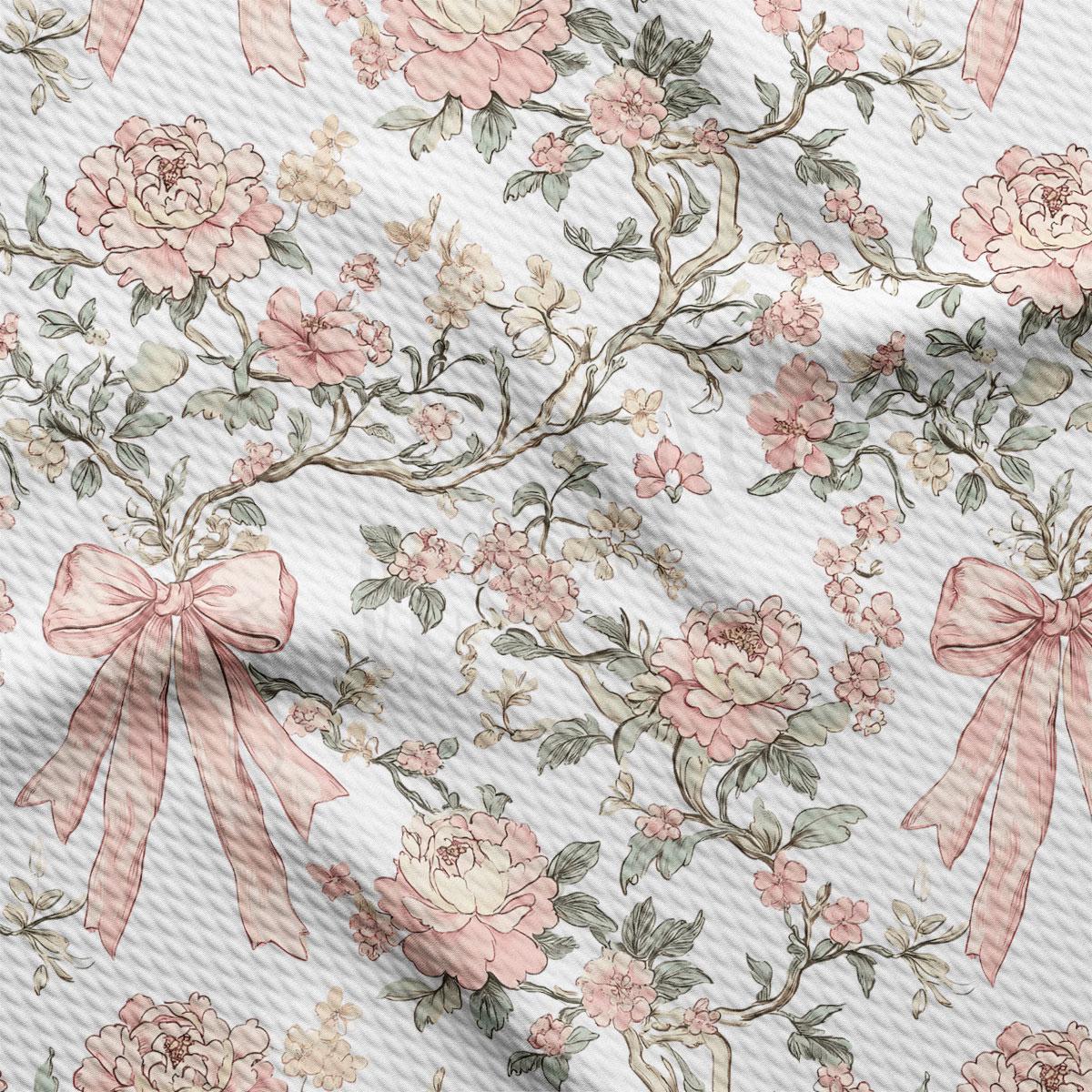 a repeating floral pattern with pink flowers and pink bows.