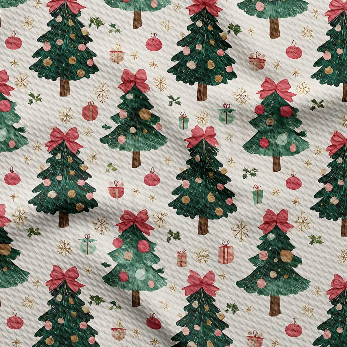 a repeating pattern of Christmas trees adorned with red bows, surrounded by various holiday-themed elements such as presents, ornaments, and snowflakes.