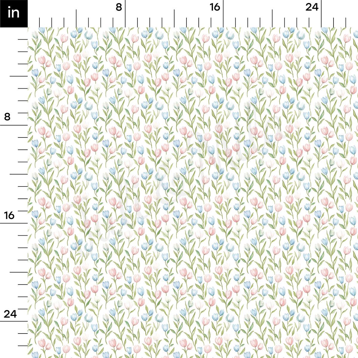 The image is a repeating pattern of small flowers in shades of pink, blue, and green, arranged in a grid-like fashion.