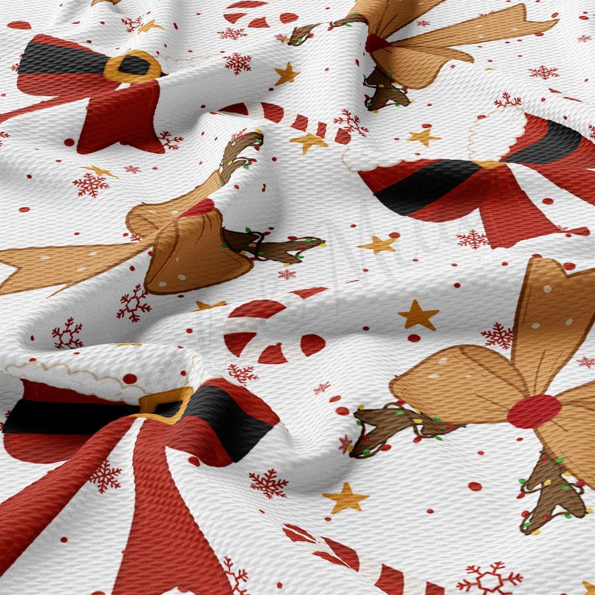The image is a close-up of a fabric with a festive Christmas-themed pattern. The fabric has a white background with red and gold accents, including images of Christmas trees, snowflakes, and Santa Claus bows. The pattern is intricate and detailed, with various shapes and designs that create a visually appealing and festive appearance.