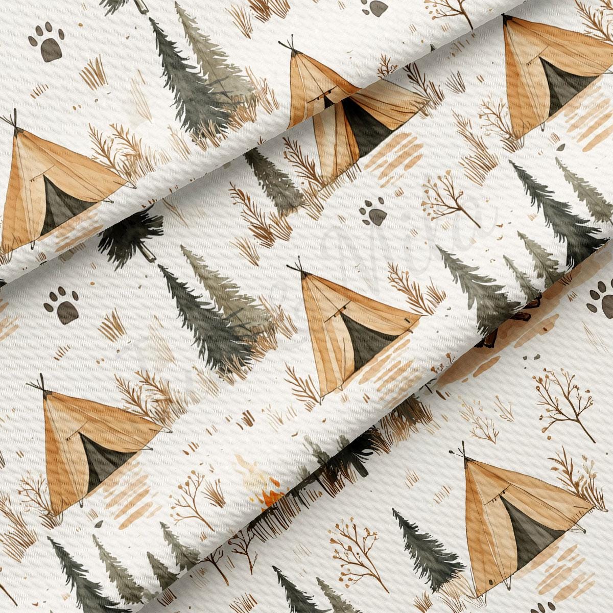 a repeating pattern of tents and pine trees, creating a forest-like scene.