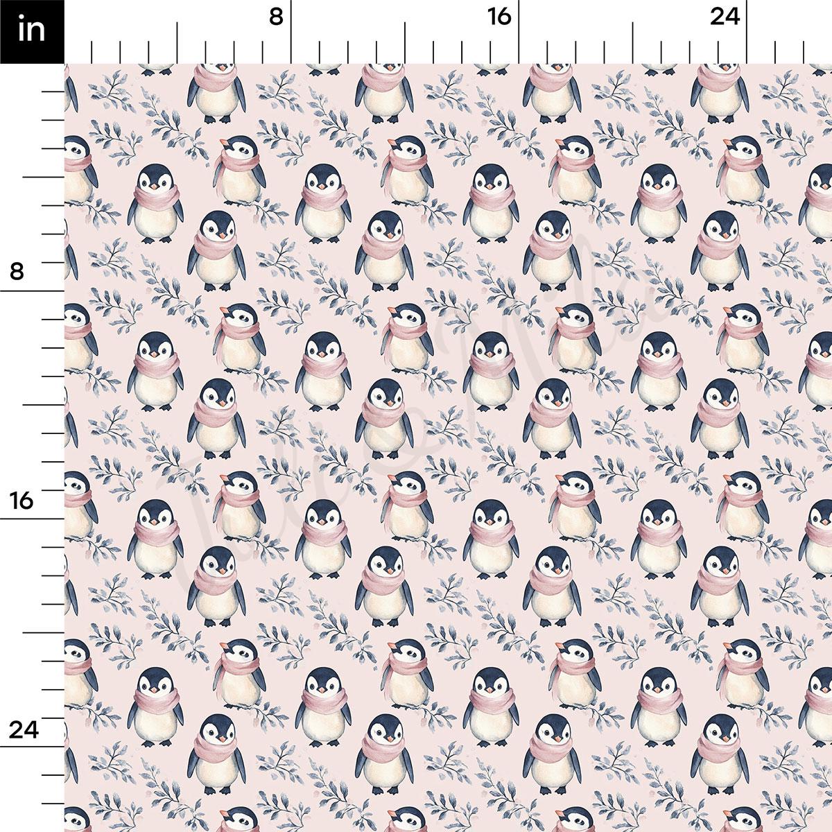 a repeating pattern of penguins wearing pink scarves and surrounded by leaves.