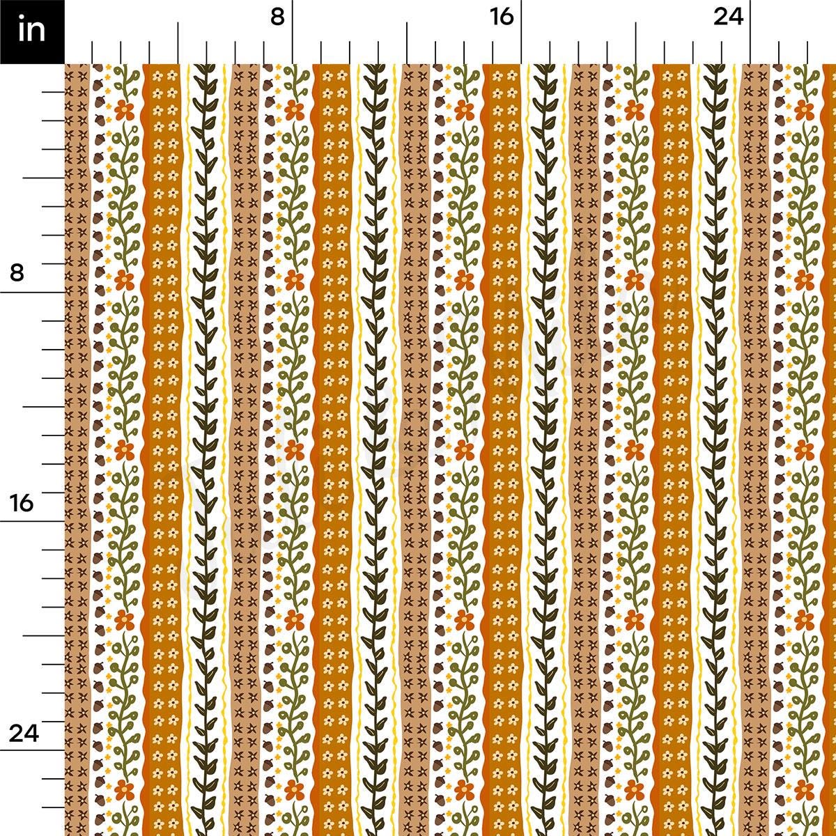 The image is a repeating pattern of vertical stripes with various floral and leaf designs in shades of orange, green, and brown. The pattern is composed of multiple rows of stripes, creating a visually cohesive and intricate design.
