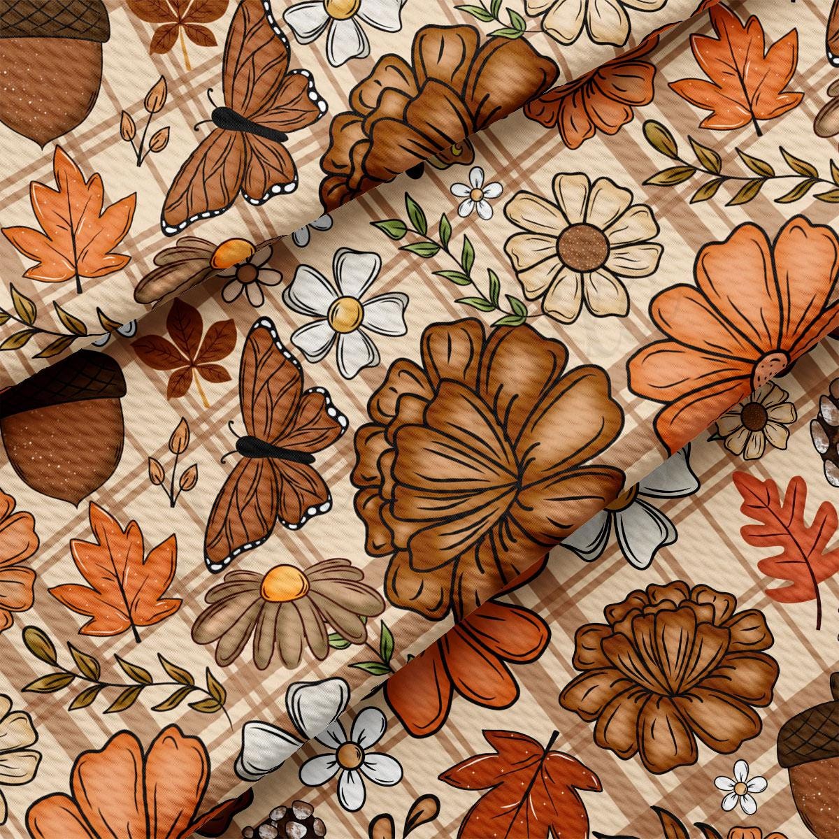 The image is a collage of various autumn-themed elements, including flowers, leaves, acorns, and butterflies, all set against a brown and beige background.