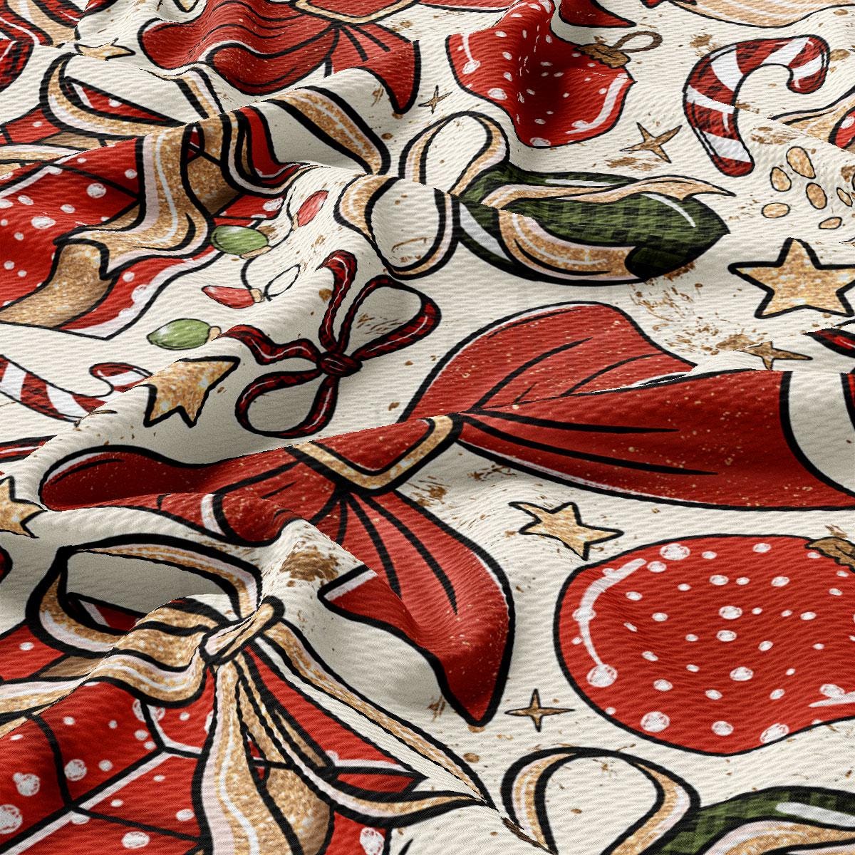 The image is a close-up of a fabric with a festive Christmas-themed pattern. It features various Christmas-related elements such as red bows, candy canes, stars, and red and white polka dots. The fabric appears to be made of a material with a textured or wrinkled appearance, giving it a three-dimensional effect.