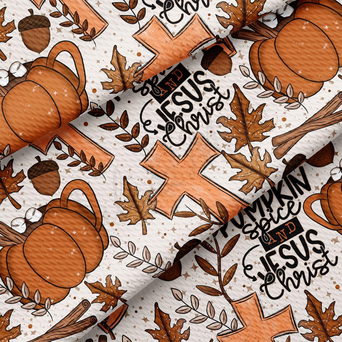 The image is a repeating pattern of autumn-themed elements, including pumpkins, leaves, and crosses, with the phrase "Pumpkin spice and Jesus Christ" written across the pattern.