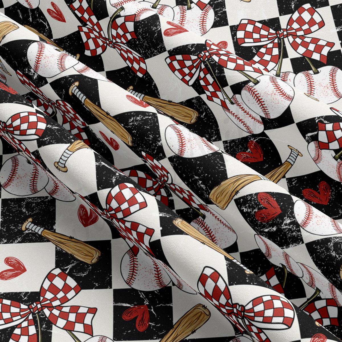 The image is a close-up view of a fabric with a repeating pattern of baseballs, bats, and checkered flags. The pattern consists of baseballs, bats, and checkered flags arranged in a diagonal pattern across the fabric.
