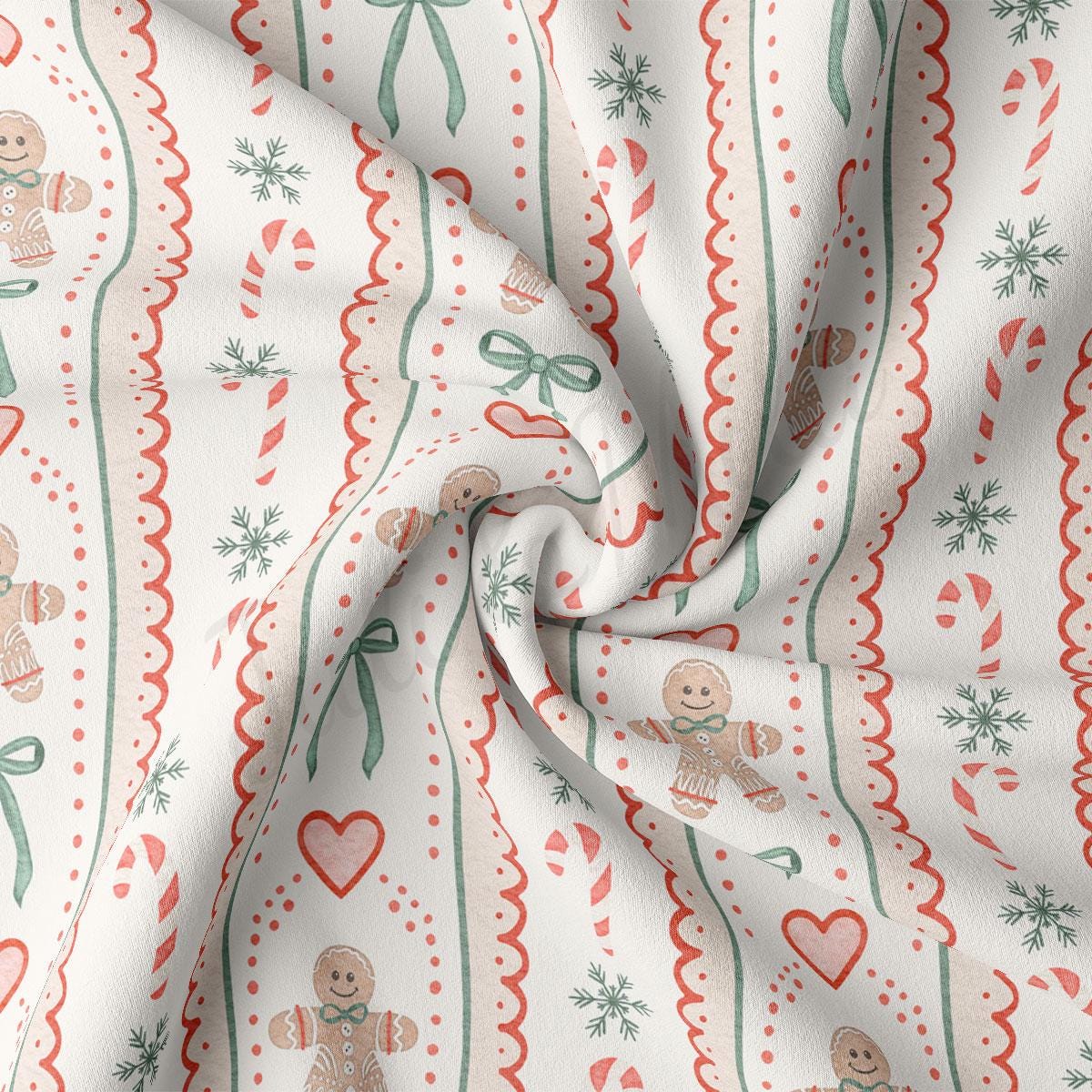 The image is a close-up of a fabric with a repeating pattern of gingerbread men, snowflakes, and candy canes. The pattern is predominantly white with red and green accents, creating a festive and holiday-themed design.