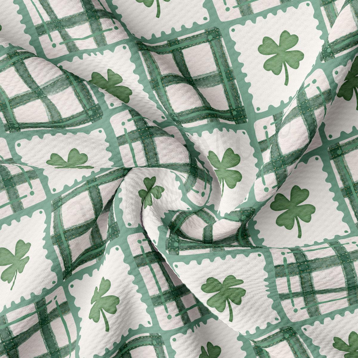 a close-up view of a fabric with a repeating pattern of green shamrocks and a green and white checkered pattern.