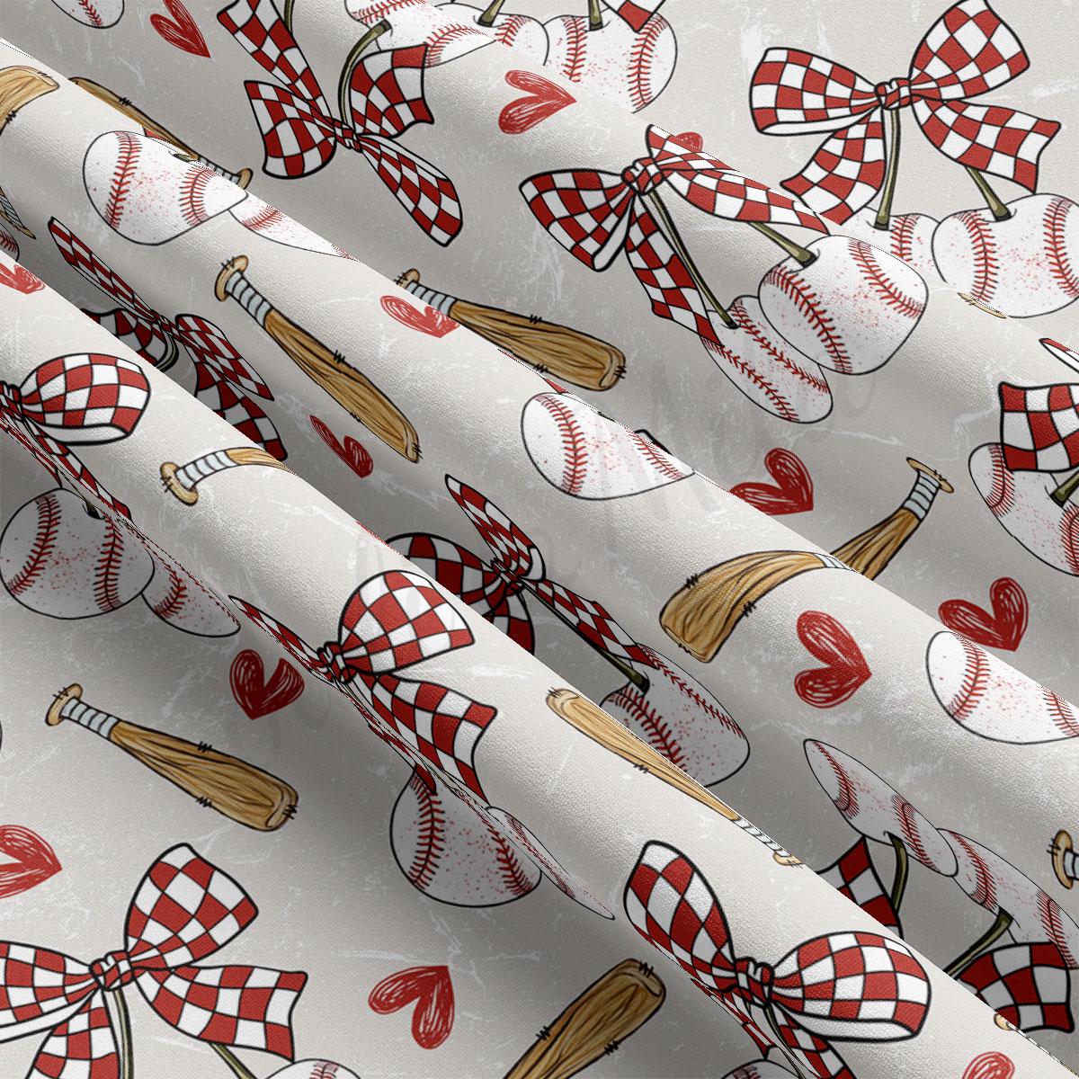 a repeating pattern of baseball-related objects, including baseballs, bats, and baseball gloves, all adorned with checkered patterns and red and white colors.