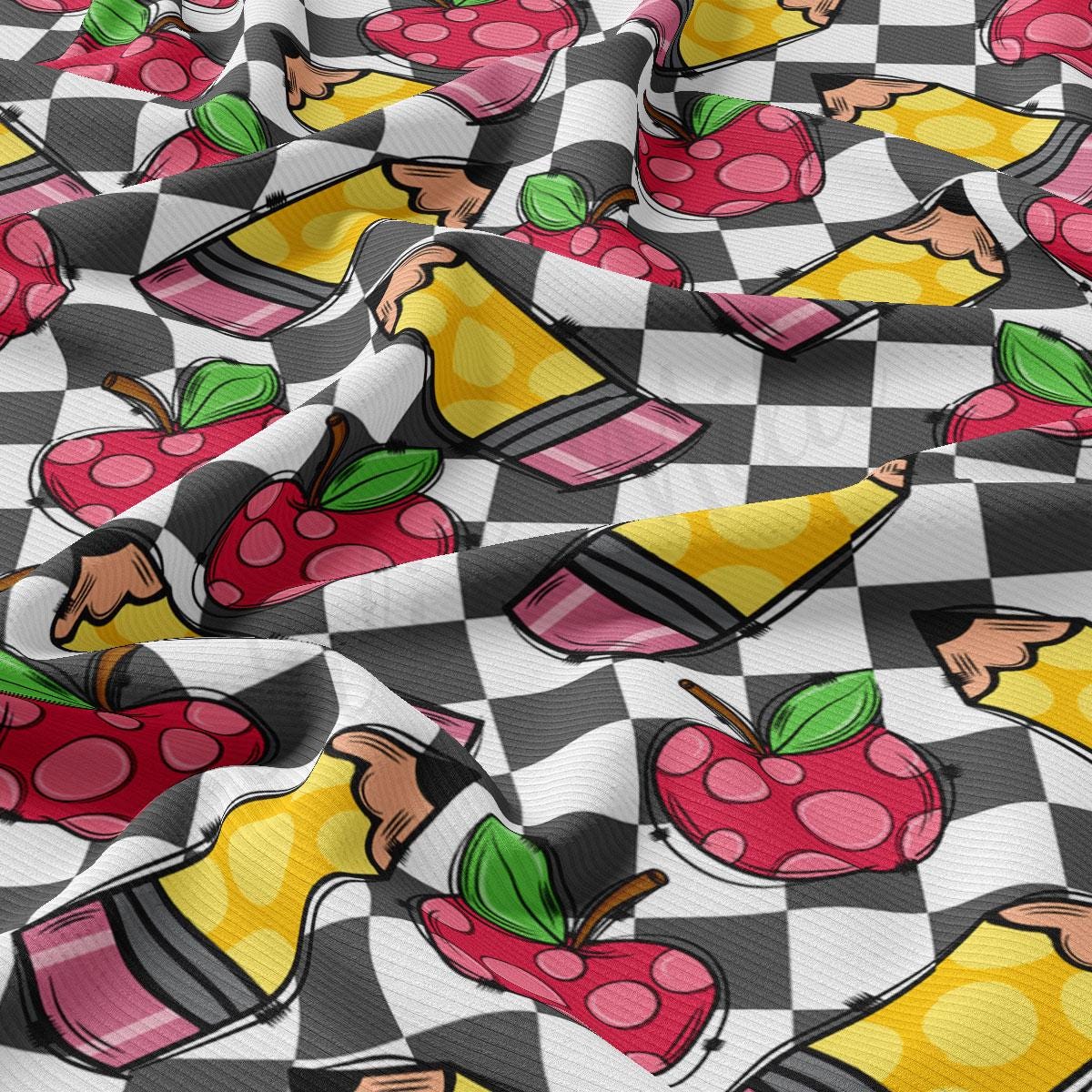 a checkered fabric with cartoon characters on it