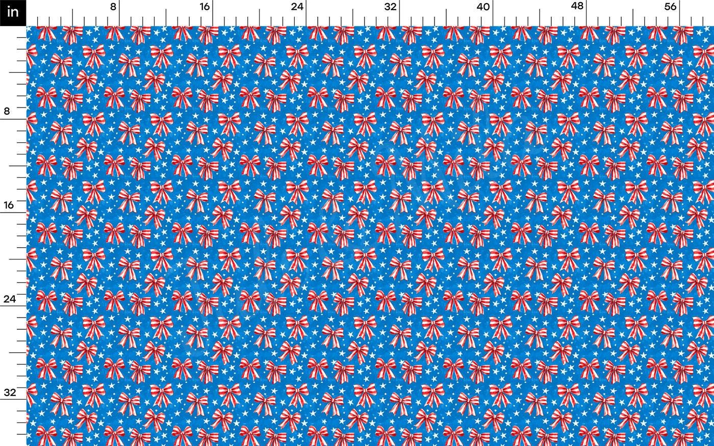 a blue background with red and white bows