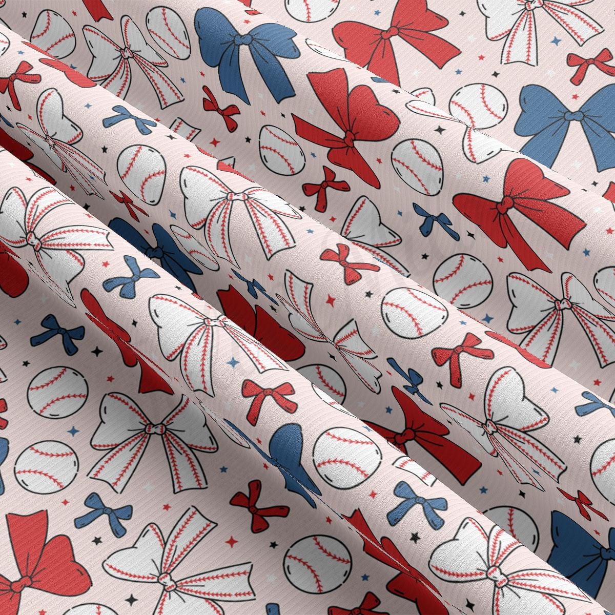 a red, white, and blue pattern of baseballs and bows
