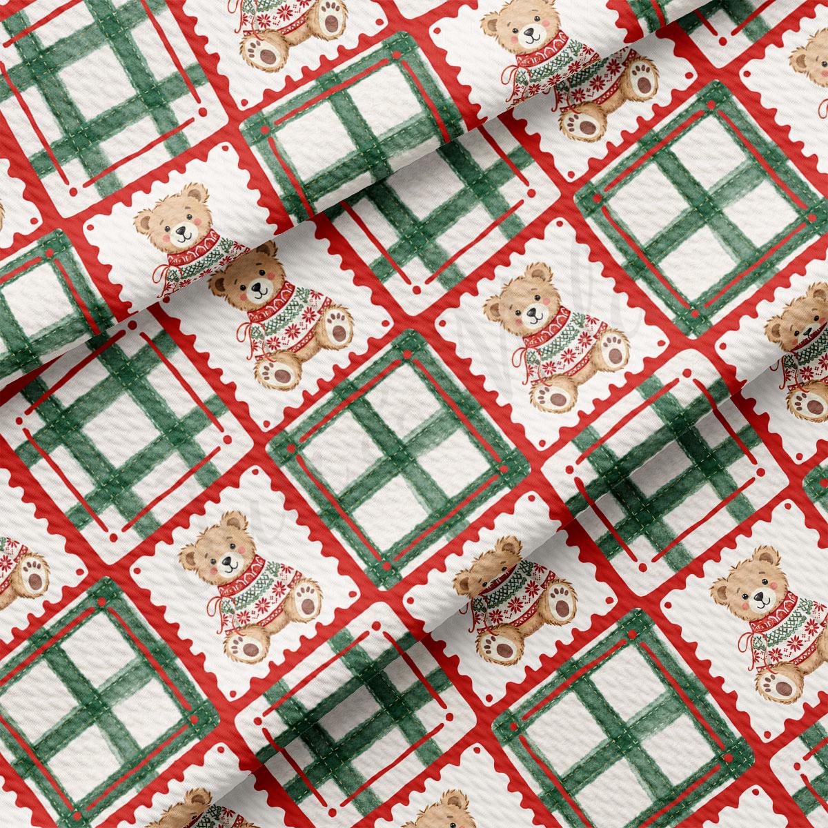 a repeating pattern of teddy bears wearing Christmas sweaters, arranged in a grid-like pattern with green and red borders.