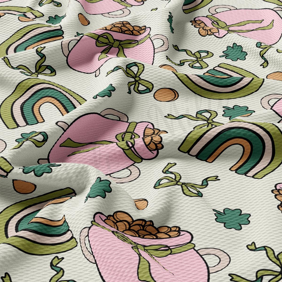 a white background with a pink and green pattern