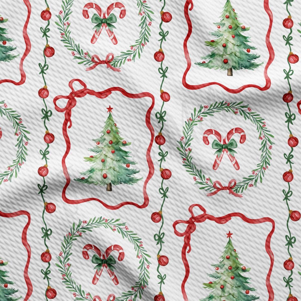 a repeating pattern of Christmas-themed elements, including Christmas trees, candy canes, wreaths, and red ribbons.