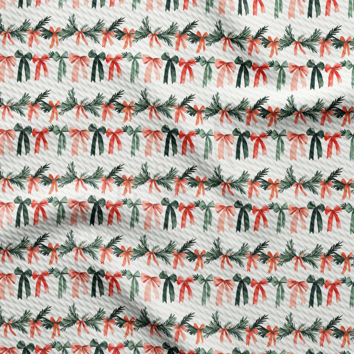 a repeating pattern of green and red bows on a white background.
