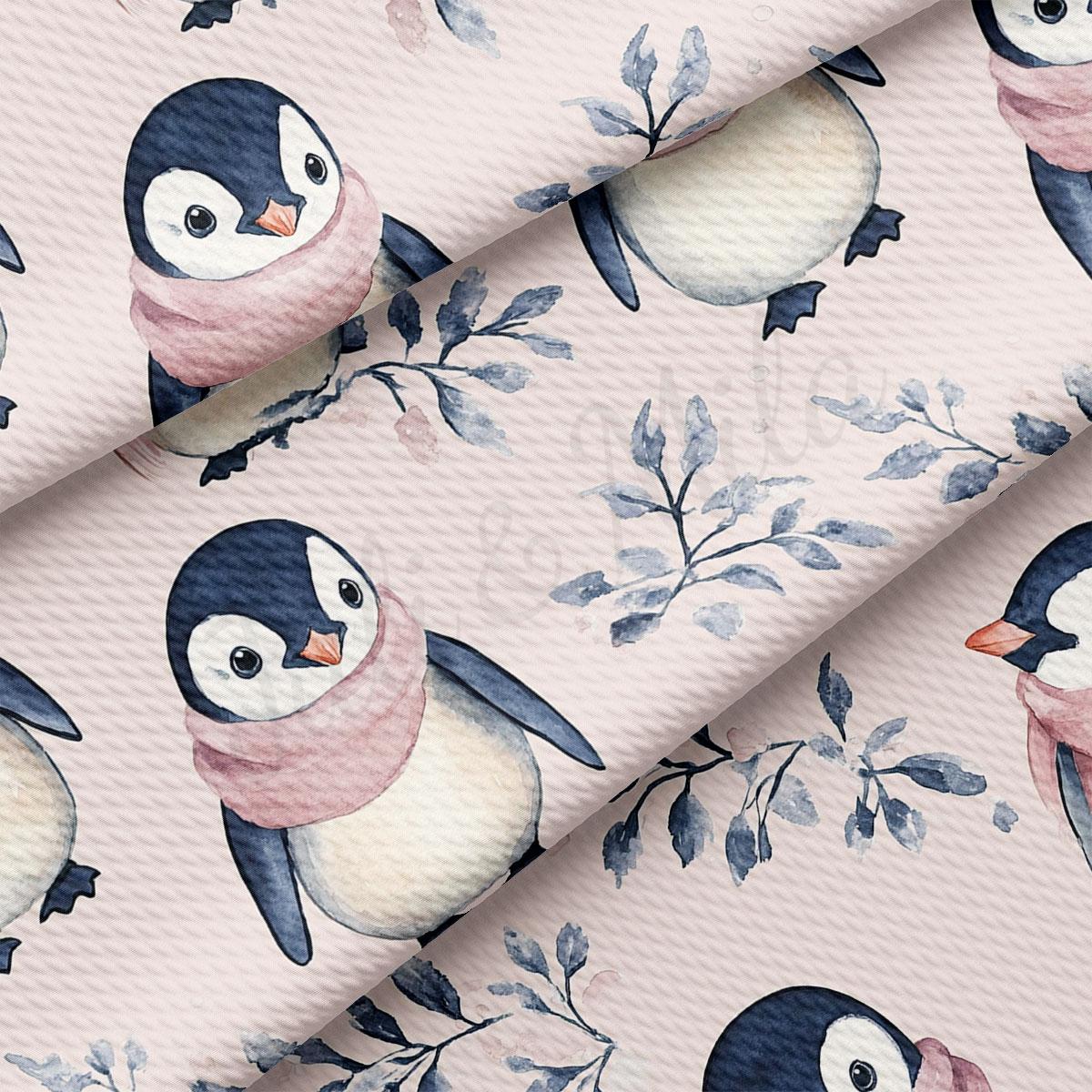a repeating pattern of penguins wearing pink scarves and surrounded by blue leaves.