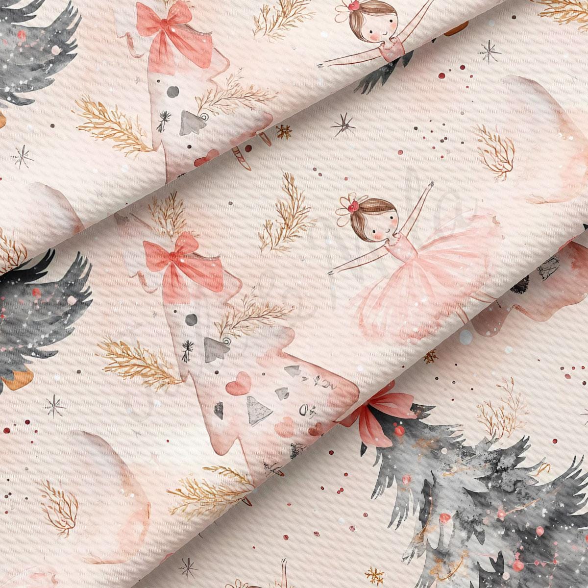 a pattern with a pink and white color scheme, along with various decorative elements such as trees, flowers, and a ballerina.