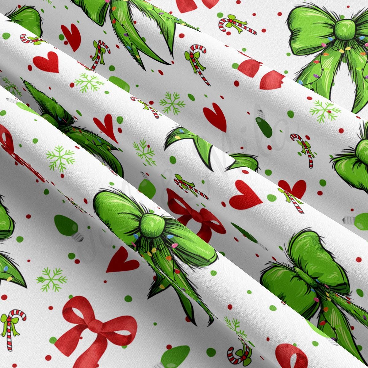 The image is a collage of various Christmas-themed elements, including green bows, red hearts, snowflakes, and candy canes, all set against a white background.