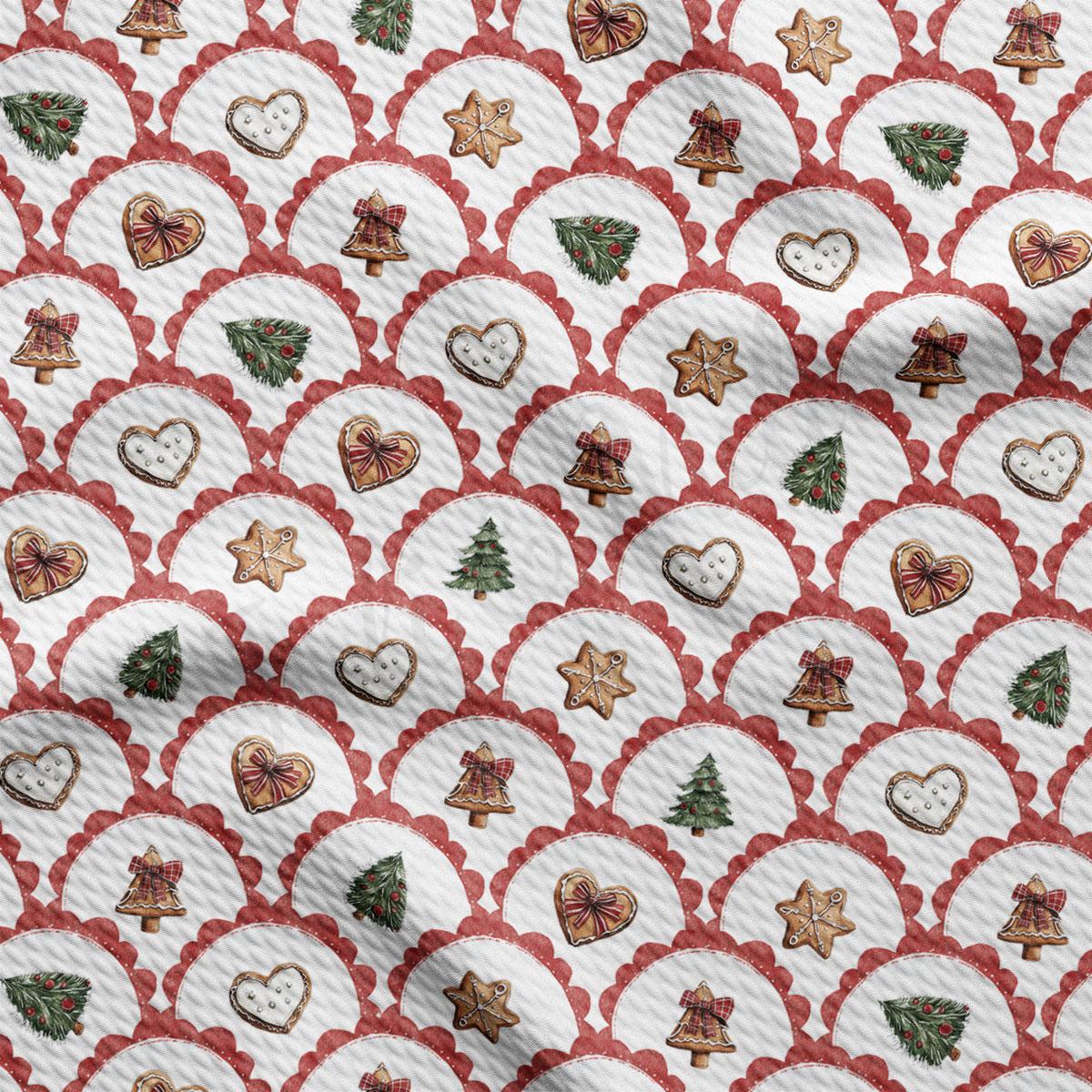 a repeating pattern of Christmas-themed cookies and decorations on a white background with red and green accents.